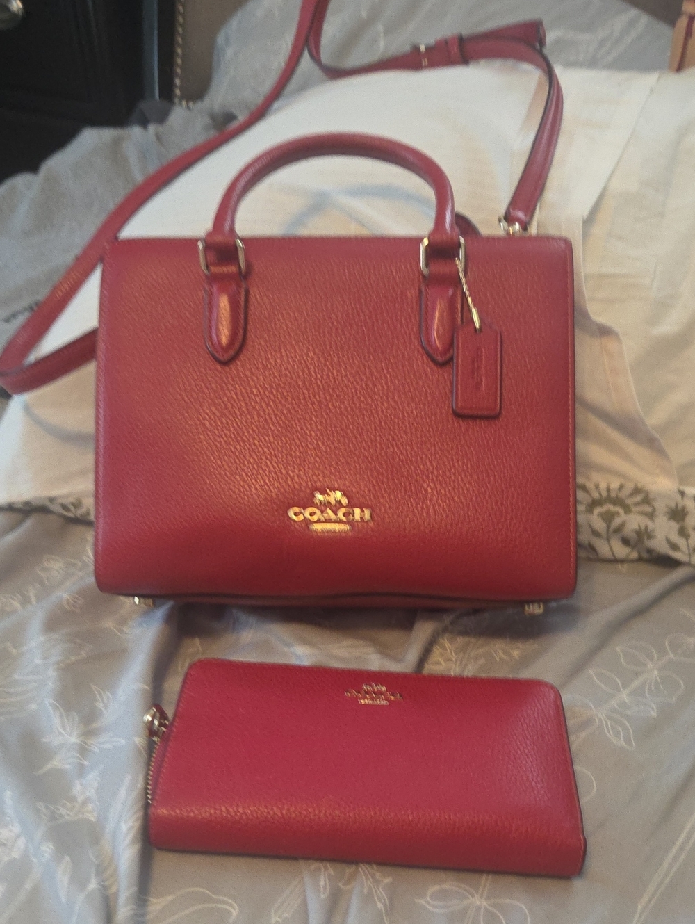 COACH Red Pebbled Leather Satchel with Matching Wallet